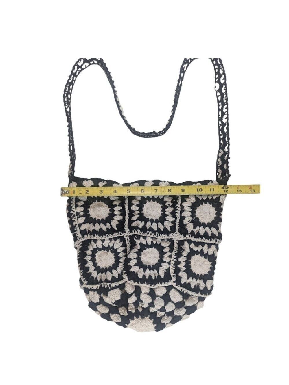 Handmade Black & White Crochet Shoulder Bag Boho Festival Bucket Tote - Picture 2 of 5